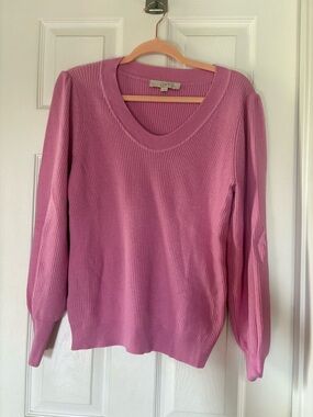 LOFT Rose Pink Ribbed Rounded V-Neck Sweater